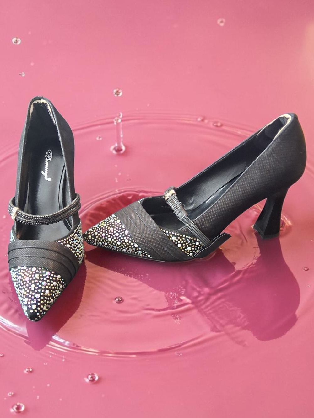 Damong Black Pointed Heels with Multicolor Crystal Detail Womens Shoes Size 6.5